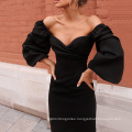 Spring Autumn Sex Appeal V Gets Long Sleeve to Accept Waist Dress Temperament Gown in Long Bubble Sleeve Skirt